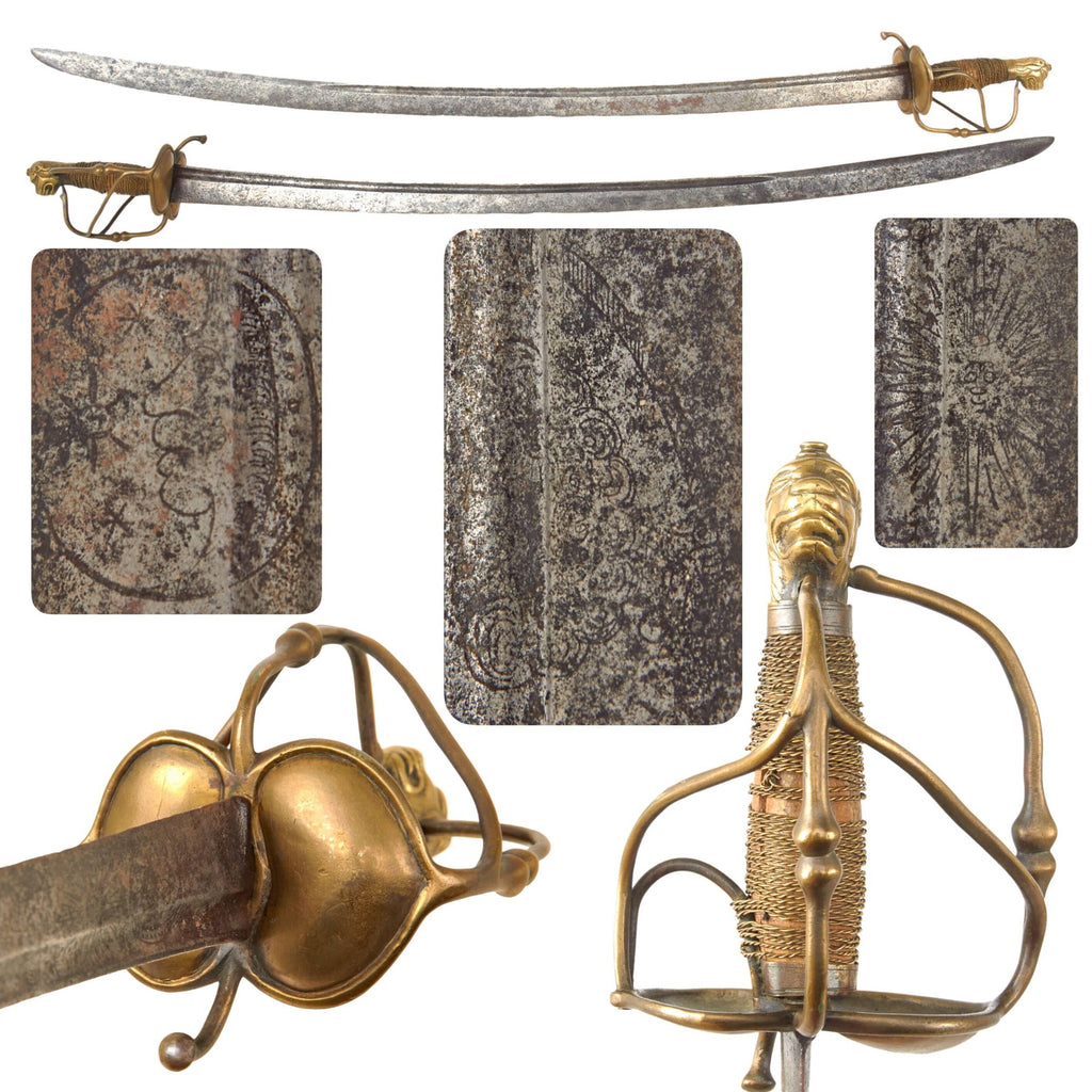 Original U.S. American Revolutionary War Era Monsterhead Mounted Saber with Gorgeously Engraved Blade - Circa 1770 Original Items