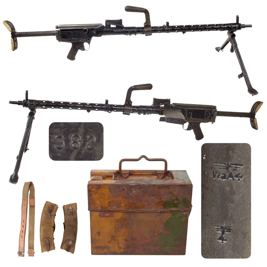 Original German WWII MG 13 Display Light Machine Gun with Carry Handle, Magazine Pouch Set, and Empty Normandy Camo Magazine Case - Maschinengewehr 13 Original Items