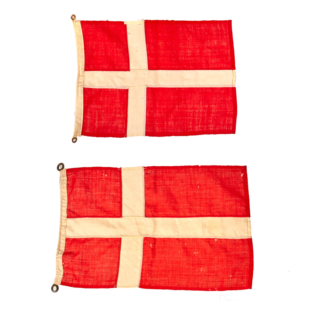 Original Danish WWII Era Pair of Danish Flags with Grommets - 11 x 16” & 13 x 21” Original Items
