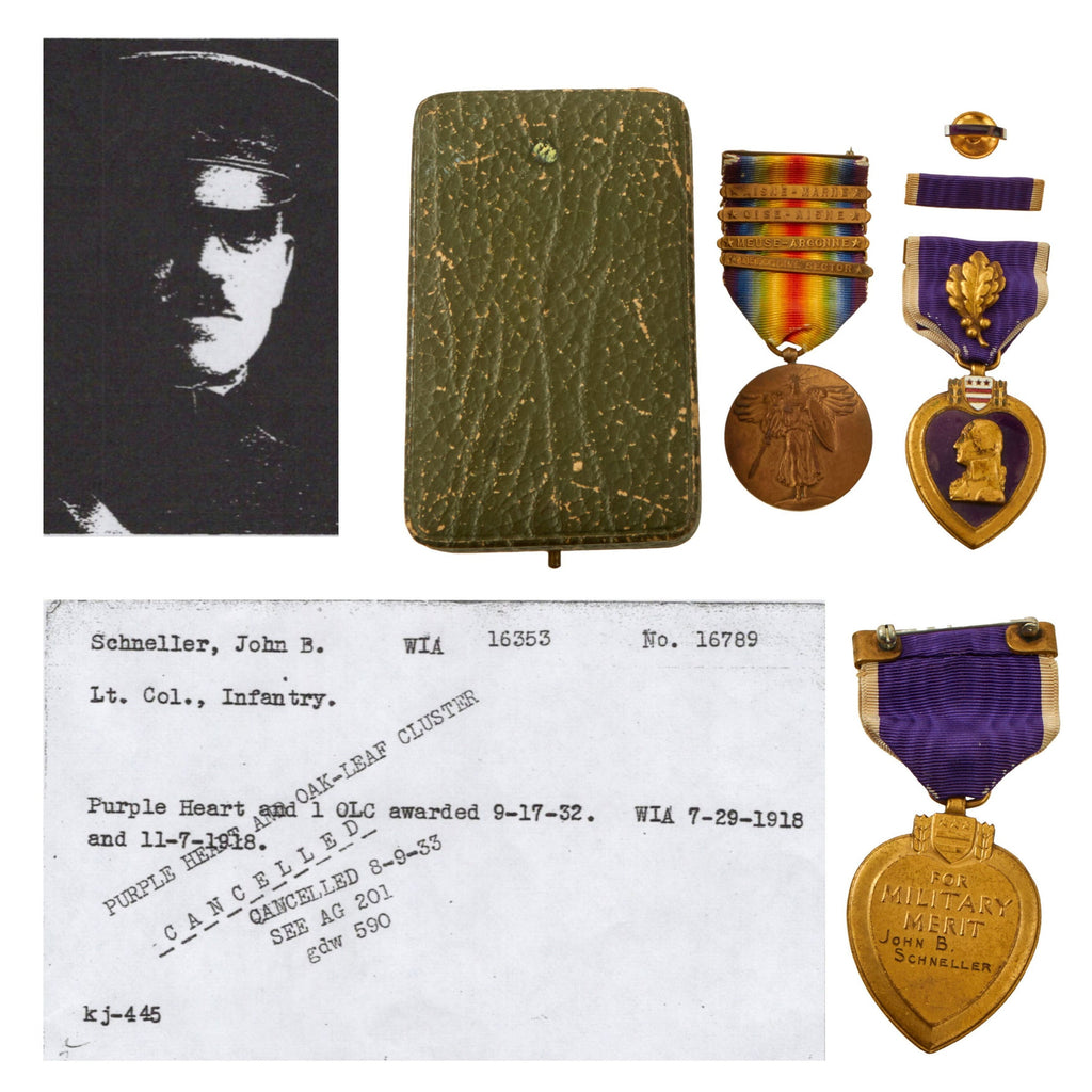 Original U.S. WWI 32nd Division Purple Heart Medal with TOLC & Victory Medal to Lieutenant Colonel John B. Schneller with Paperwork Showing Cancellation of Medal - Rare Original Items