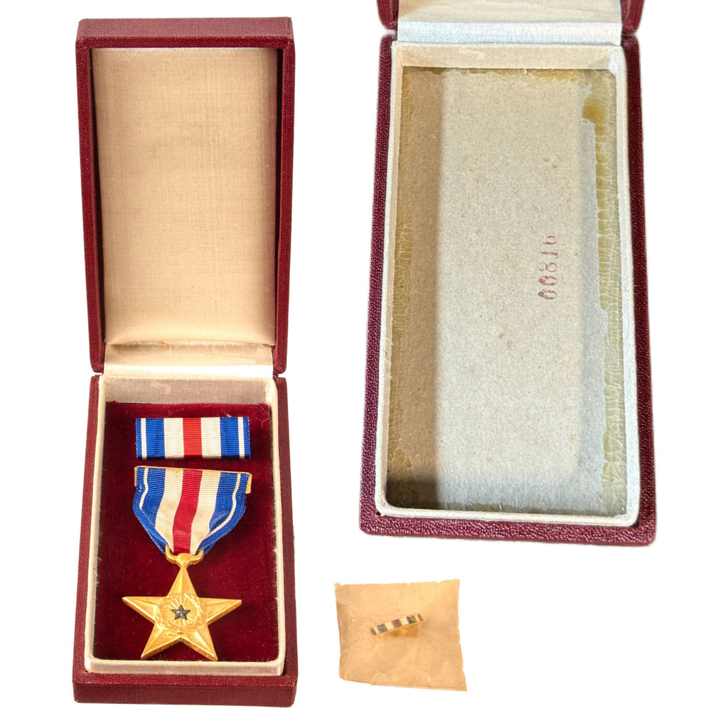Original U.S. WWII Navy Early Issue Silver Star Medal with Wrap Brooch in Early Issue Numbered Red Box with Pin & Ribbon - Excellent Original Items