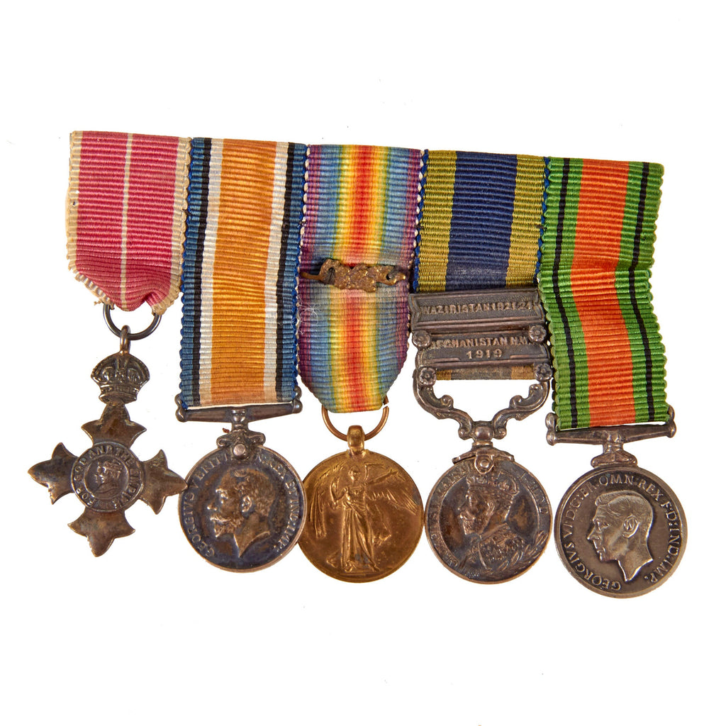 Original British WWI Mini Medal Bar with Order of the British Empire and India General Service Medal with 1919 Afghanistan NWF Clasp Original Items