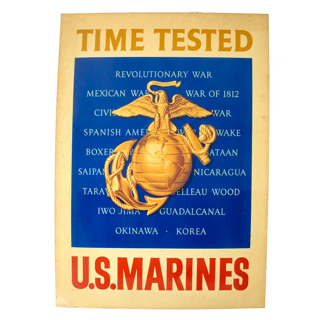Original U.S. Vietnam War USMC “Time Tested” Metal Double-Sided Enlistment Sign - 29 ¾ x 39 ½”