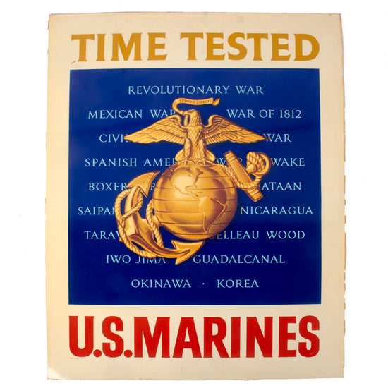 Original U.S. Vietnam War USMC “Time Tested” Metal Double-Sided Enlistment Sign - 29 ¾ x 39 ½”