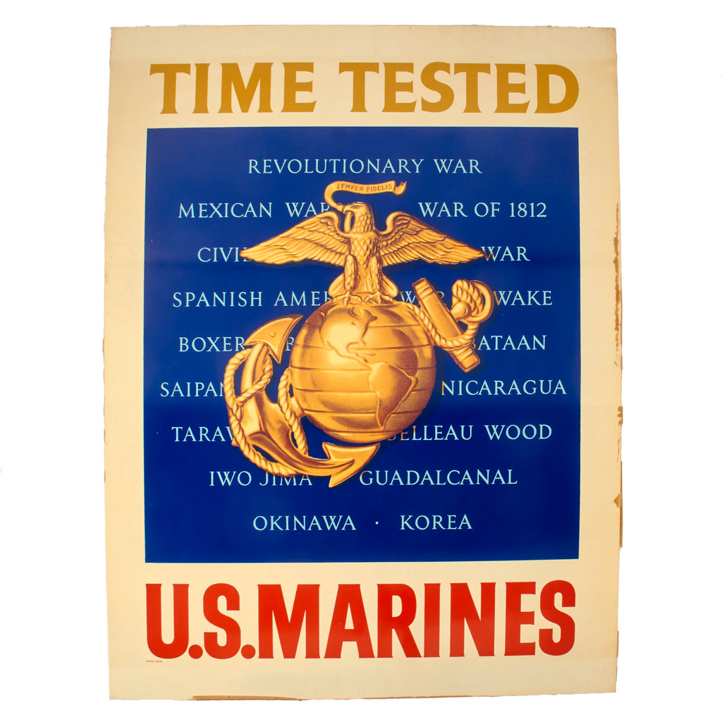Original U.S. Vietnam War USMC “Time Tested” Metal Double-Sided Enlistment Sign - 29 ¾ x 39 ½” Original Items