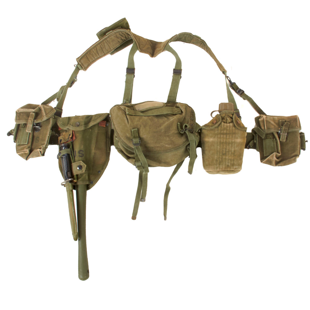 Original U.S. Vietnam War Infantryman’s M-1956 Field Gear Set: Universal Pouches, Belt, Suspenders, E-Tool Shovel with Carrier & M6 Bayonet, Canteen, and “Butt Pack” Original Items