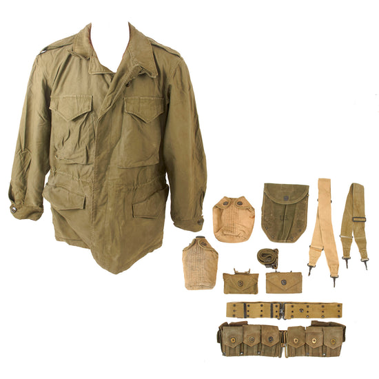 Original U.S. WWII Uniform & Field Gear Lot - M1943 Field Jacket with Pouches, Canteen Cover, Shovel Cover, and Belts - 10 Items Total Original Items