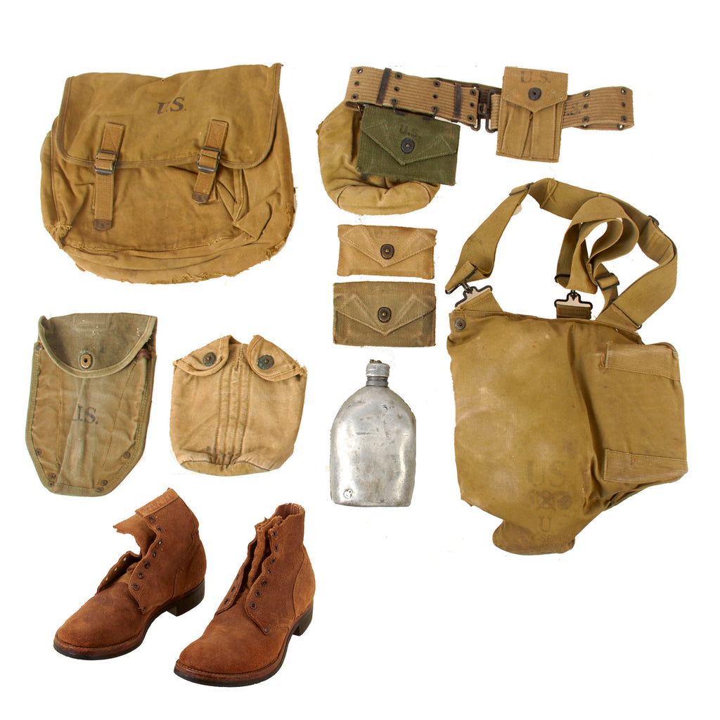 Original U.S. WWII Field Gear & Uniform Lot with Gas Mask, Belt Rig, and Boots