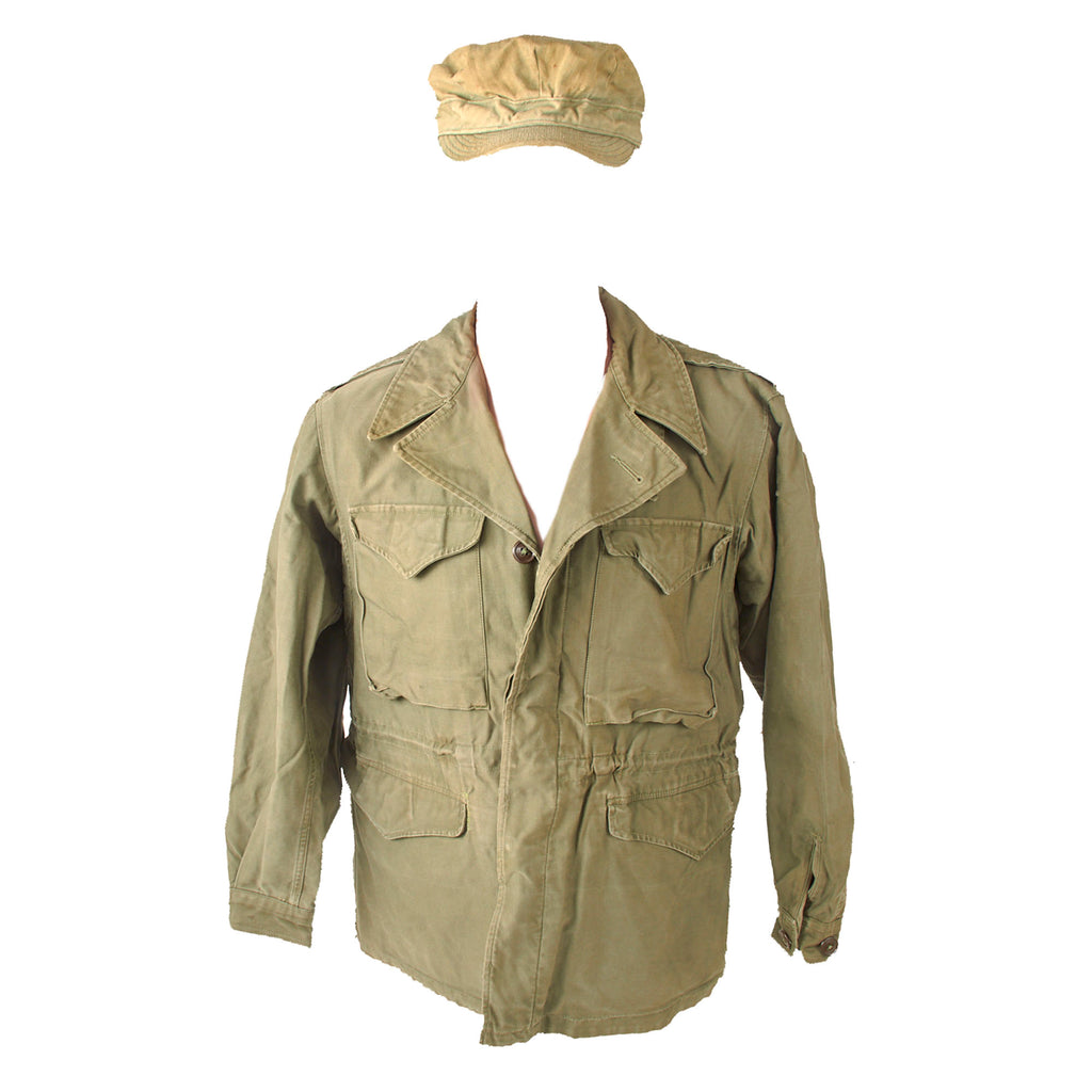 Original U.S. WWII Field Gear & M-1943 Field Jacket Lot - HBT Cap, Pistol & Cartridge Belts, & More - 8 Items Total Original Items