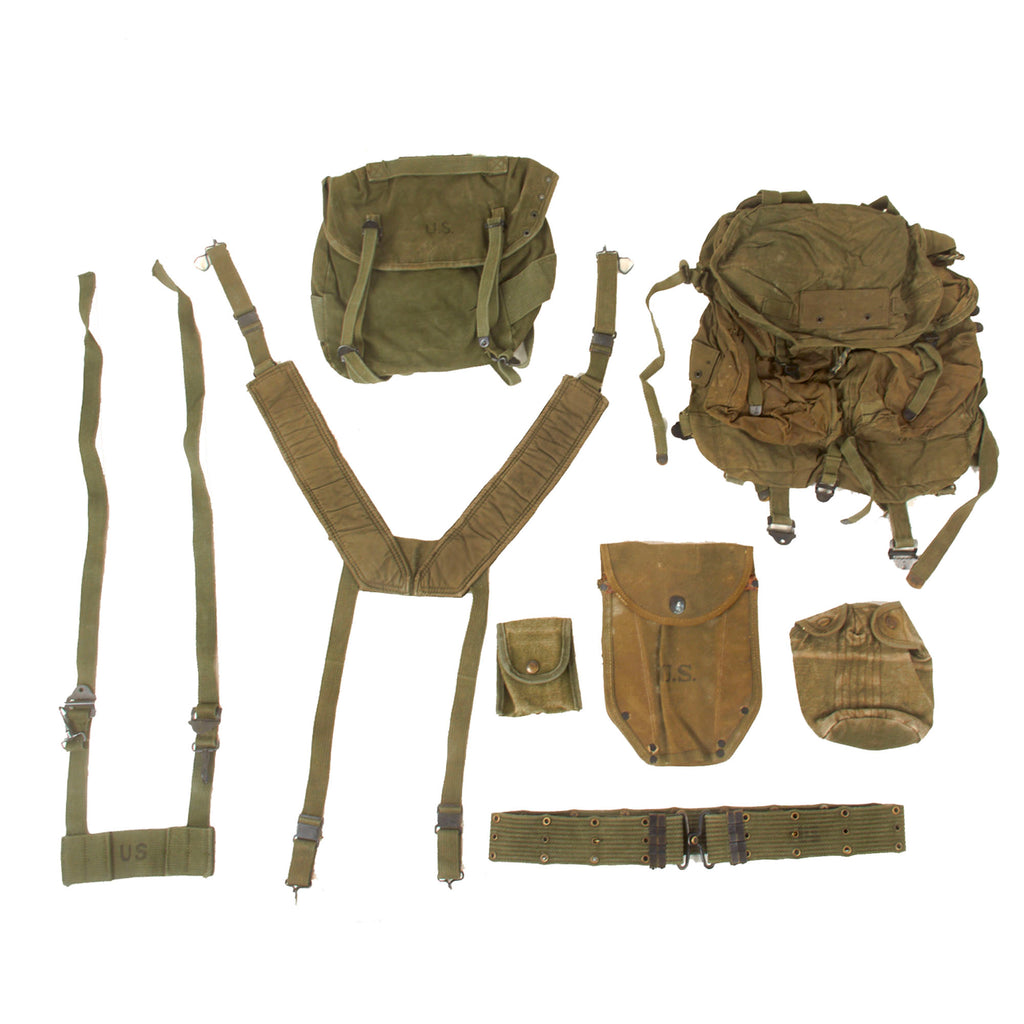 Original U.S. Vietnam War Field Gear Lot with Pouches, Shovel Cover, M1961 Field Pack, and More - 8 Items Total Original Items