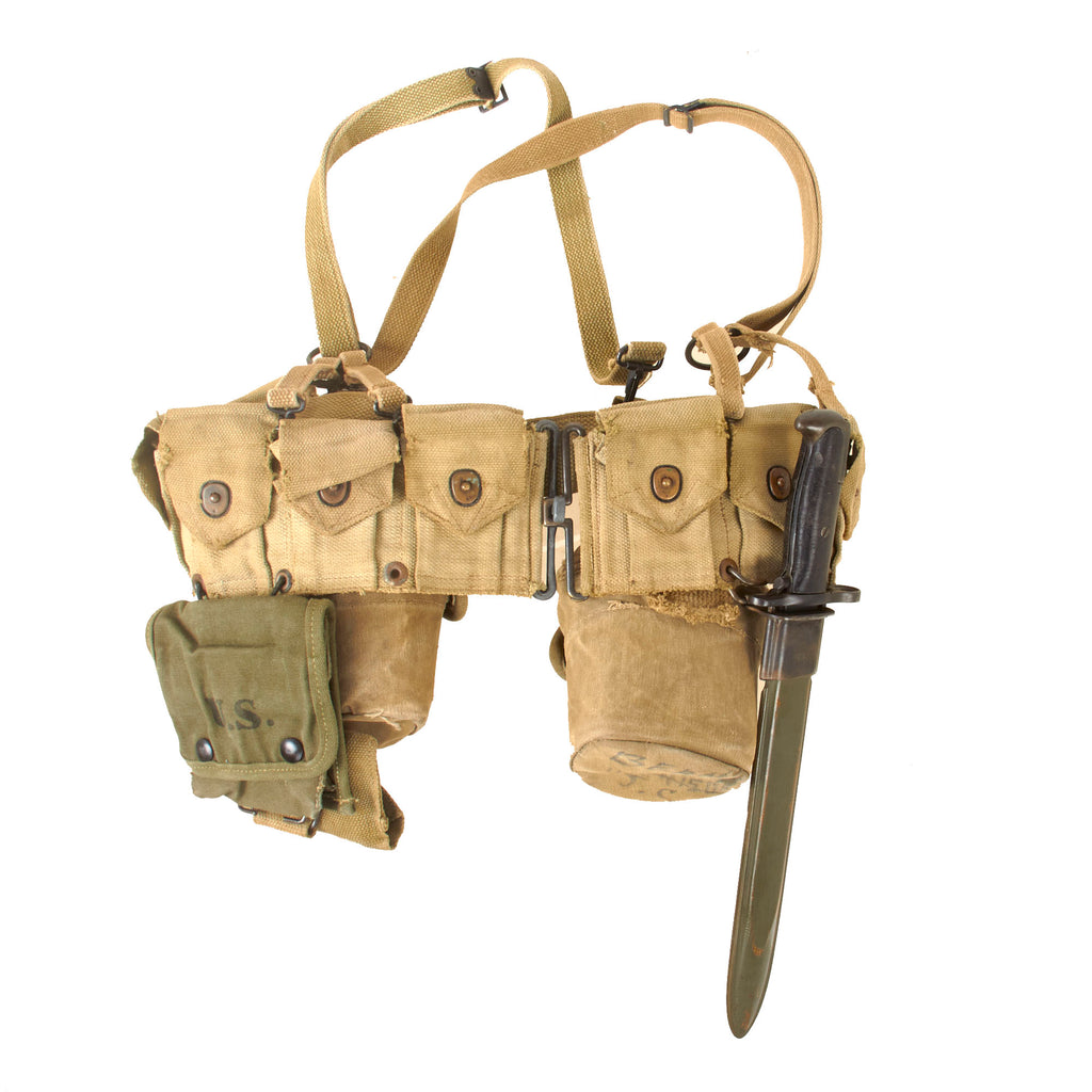 Original U.S. WWII USMC M1923 Belt Rig with M1 Bayonet, Two 3rd Pattern Rabbit Ear Canteen Covers with Canteens, Jungle Kit Pouch with First Aid Pouch, and P-41 Suspenders Original Items