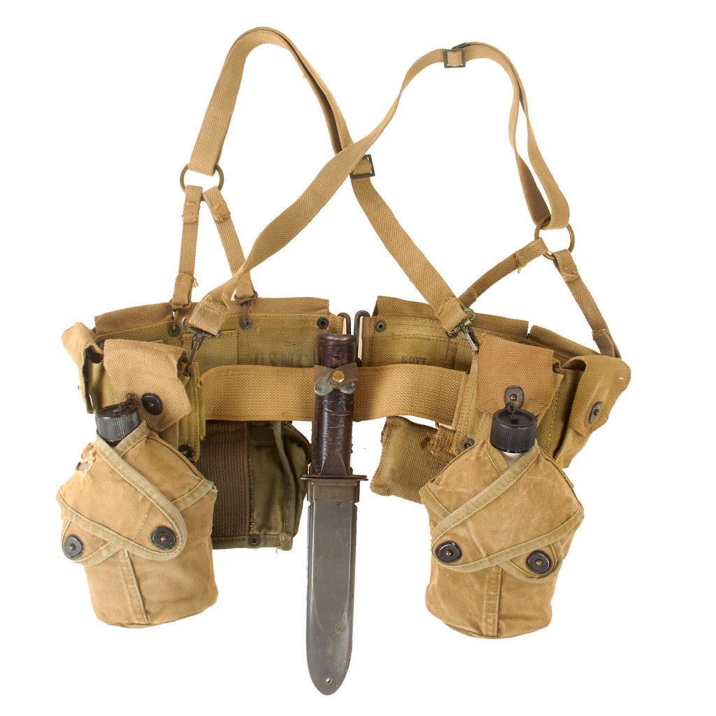 Original U.S. WWII USMC M1923 Belt Rig with USN Ka-Bar Knife, Two 4th Pattern Rabbit Ear Canteen Covers with Canteens, First Aid Pouch, and P-41 Suspenders Original Items