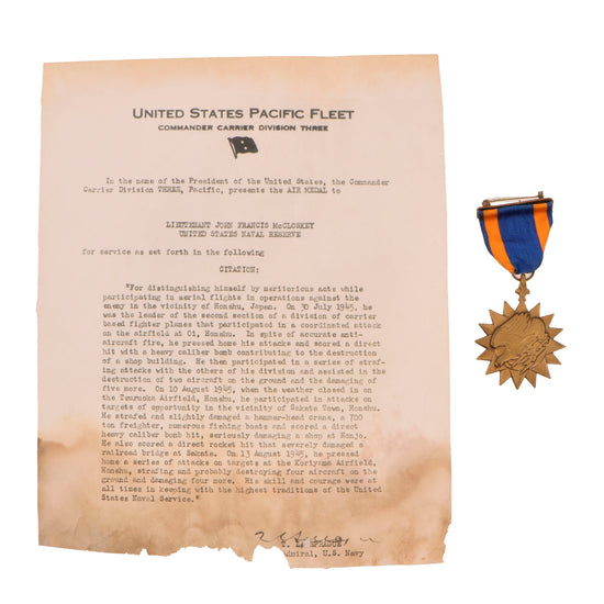 Original U.S. WWII Navy Issue Wrap-Brooch Air Medal with Period Copy of Citation - Lieutenant John Francis McCloskey Original Items