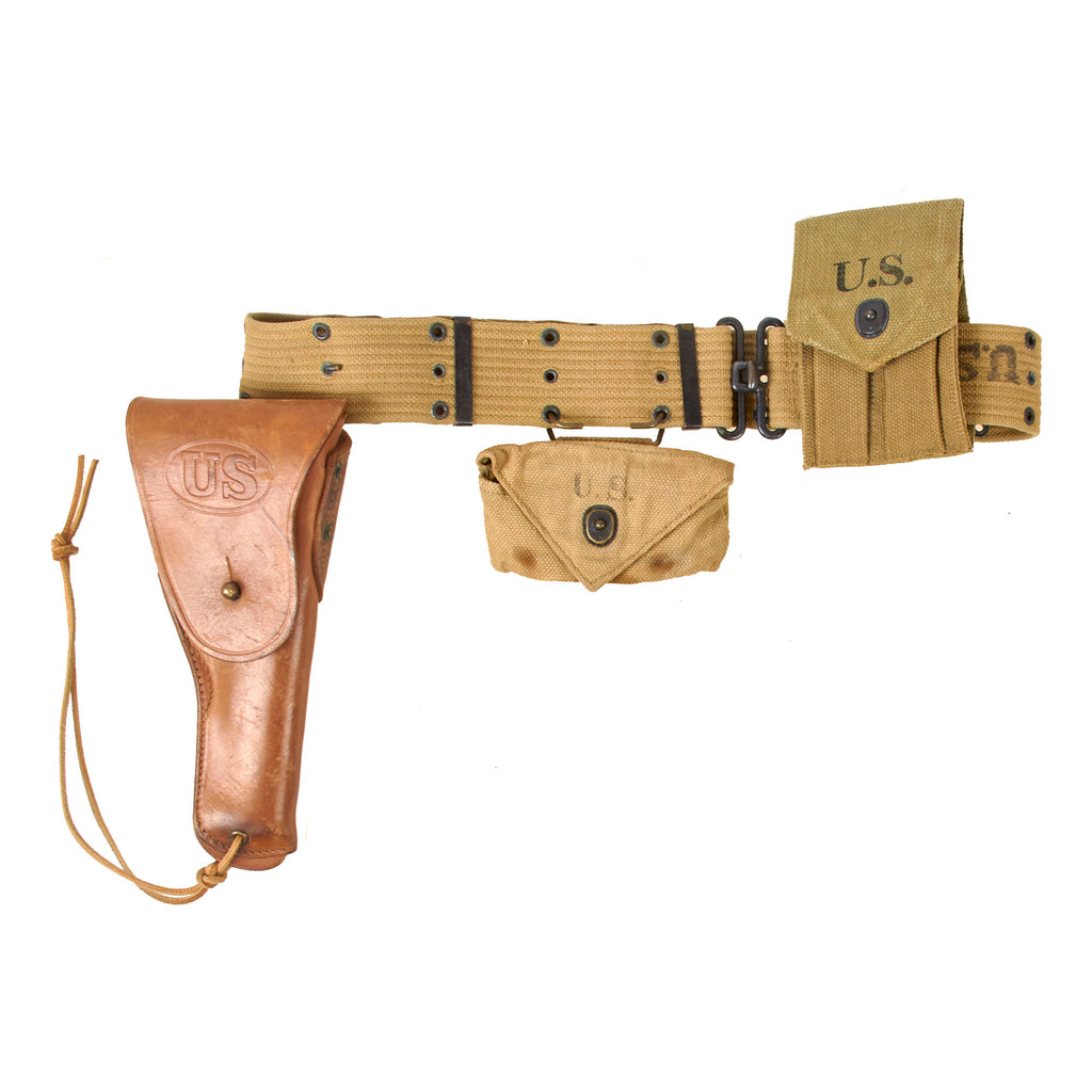 Original U.S. WWII Officer’s Pistol Rig - M1936 Pistol Belt, M1911 Holster by Sears Dated 1942, Magazine Pouch, and First Aid Pouch Original Items