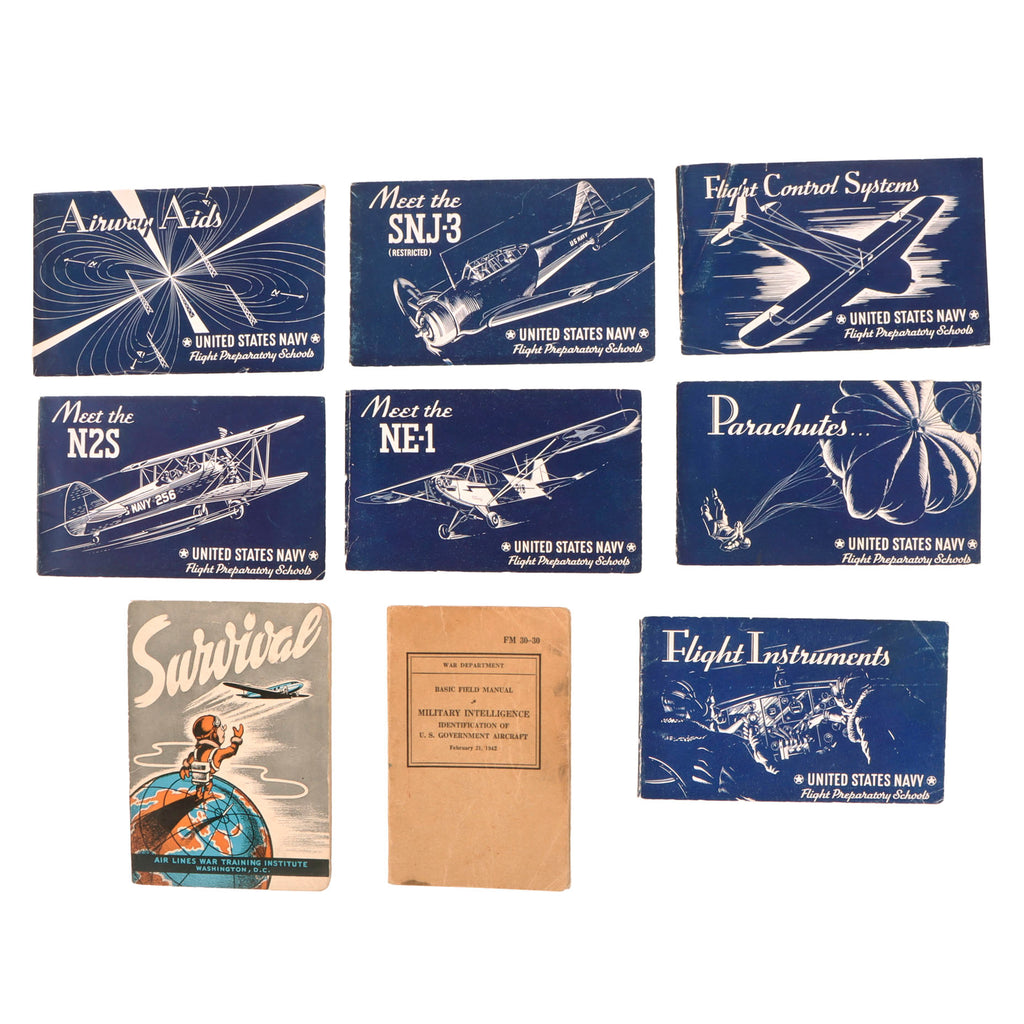 Original U.S. WWII Navy Flight Preparatory Schools Training Manuals, Survival Manual, and Aircraft ID Manual Lot - 9 Books Total