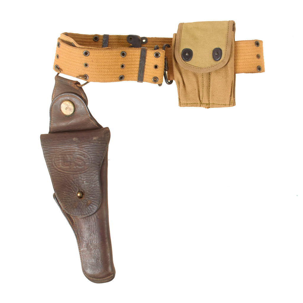 Original U.S. WWI Unit-Marked 1914-Dated M-1912 Mounted Swivel Holster for 1911 .45 Automatic with M-1910 Pistol Belt & WWI Magazine Pouch Original Items