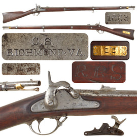 Original U.S. Civil War Confederate C.S. Richmond Percussion Rifle with Type 4 Low Hump Lock Plate and Initials RSS Carved In Stock - Dated 1863