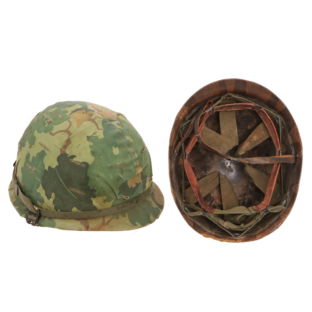 Original U.S. Vietnam War M1 Helmet with 1969 Dated Camouflage Cover and Liner - Broken Liner Chinstrap