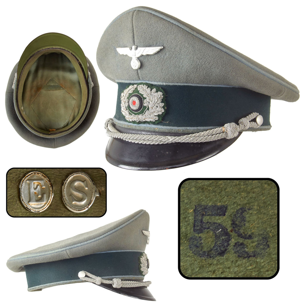 Original German WWII Heer Army Transport and Supply Troop Officers Schirmmütze Visor Crush Cap with E.S. Monogrammed Sweatband, Size 59cm
