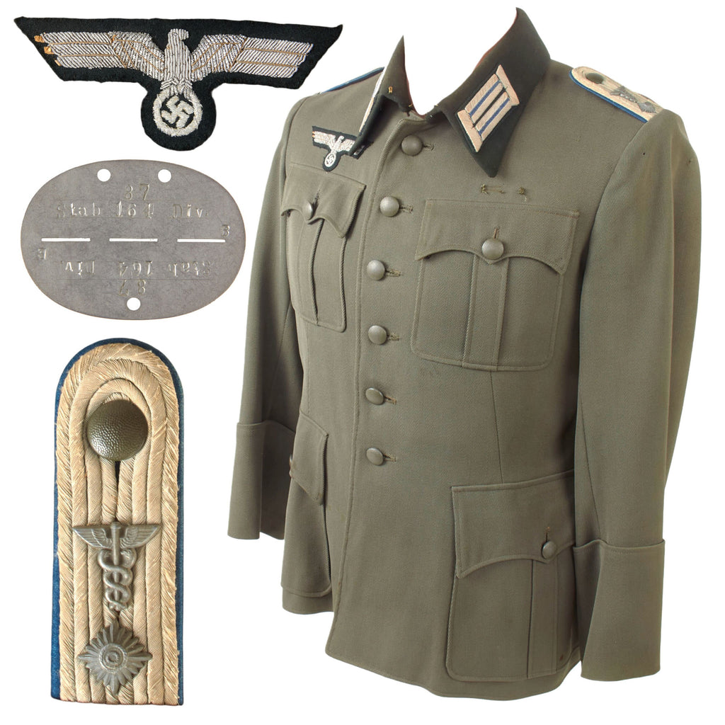 Original German WWII Heer Medical Administrative Official M36 Dienstrock Service Tunic with 164th Light Africa Division Identity Disc