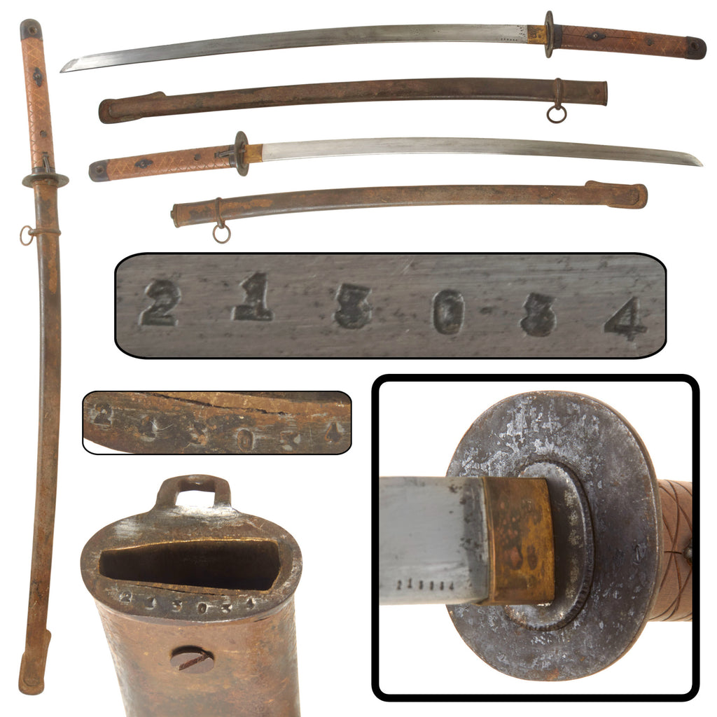 Original Late WWII Japanese Army Type 95 Wood "Pineapple" Handle NCO Katana Sword with Matching Scabbard, Serial No. 213034