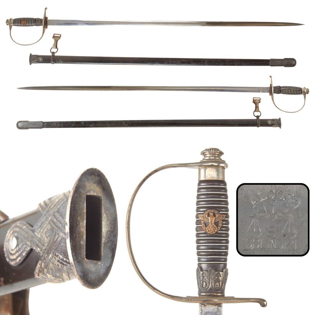 Original German WWII Police Officer Degen Dress Sword by ALCOSO of Solingen with Scabbard and OLC Hanger Clip, Circa 1936-1940