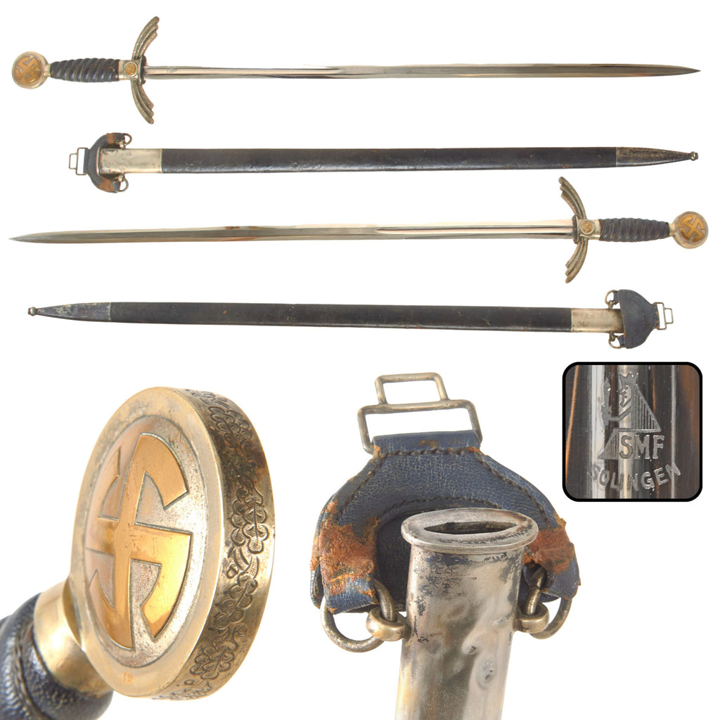 Original German WWII Early Luftwaffe Officer Sword by SMF of Solingen with Nickel Plated Blade, Blue Leather Scabbard and Hanger