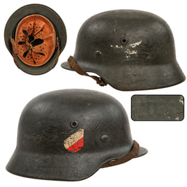 Original German WWII Luftwaffe Named Double Decal M40 Steel Helmet with 1940 Dated 58cm Liner and Chinstrap, Stamped ET66, Lot No. 498