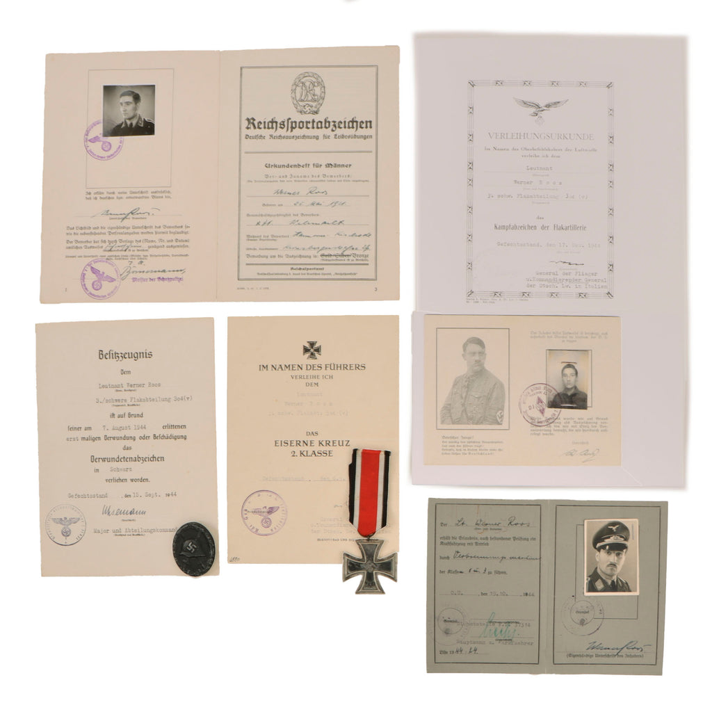 Original German WWII Luftwaffe Leutnant Werner Roos Flak Officer Document & Medal Grouping with EKII, Black Wound Badge, Flak Combat Badge Award Documents, Reich Sports Badge Booklet & Wehrmacht Driver’s License