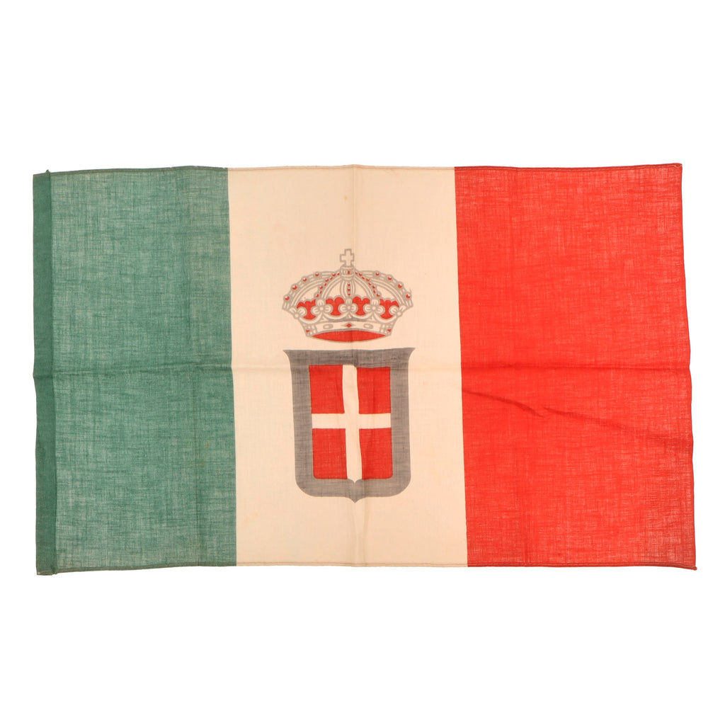 Original Italian WWII Small Kingdom of Italy Flag With Savoy Coat of Arms - 14 ⅜ x 23 ½”
