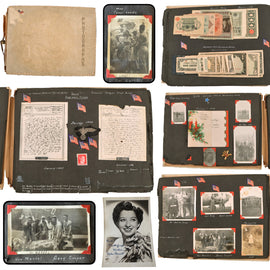 Original U.S. WWII Navy Army Marine Soldier Photo Album with Bevo SS Sleeve Eagle, Nose Art Photos, Captured Money, Photos, and Shots of Gary Cooper, Jack Benny, Carole Landis, and Una Merkel - Signed Photograph of Helen Forrest