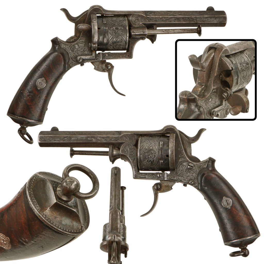 Original Belgian Civil War Era 7mm Pinfire Double Action Engraved Pocket Revolver with Folding Trigger, Circa 1860, Serial No. 13448