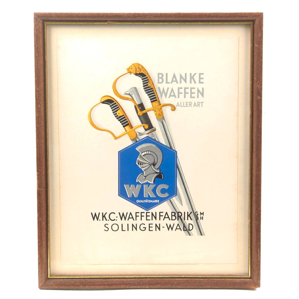 Original German WWII Framed W.K.C. Waffenfabrik Window Advertisement Poster, Weyersberg Kirschbaum, 12" x 15"