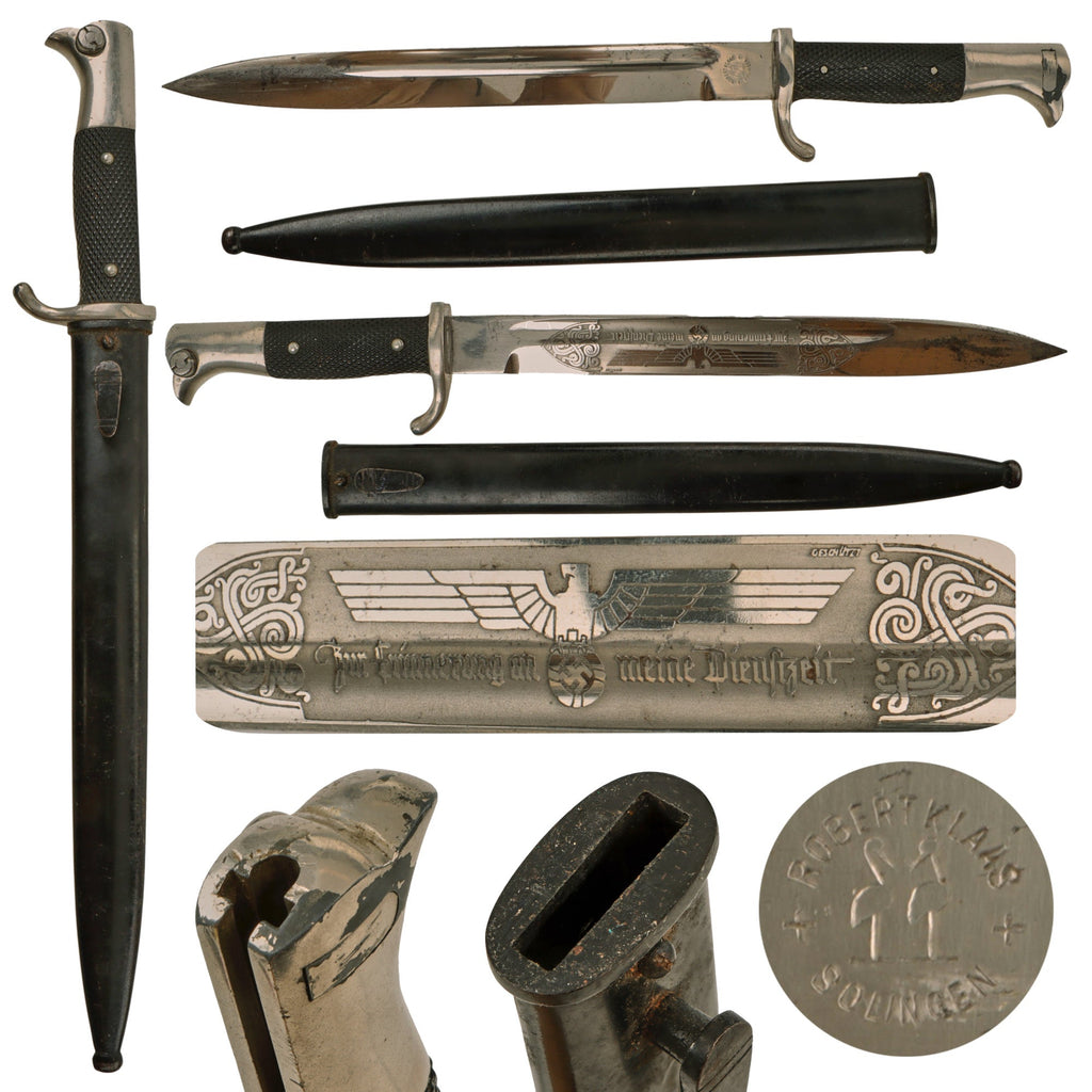 Original German WWII Heer Army Single Etched Long 98k Dress Bayonet by Robert Klaas with Scabbard Original Items