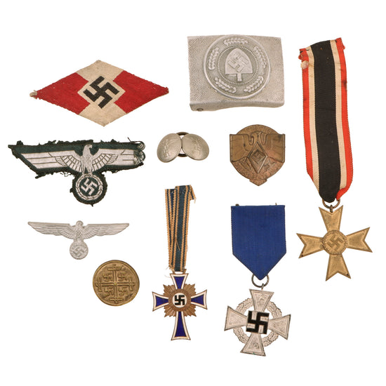 Original German WWII Award, Insignia, and Belt Buckle Grouping with War Merit Cross KvK, Long Civil Service Award, and More - 10 Items