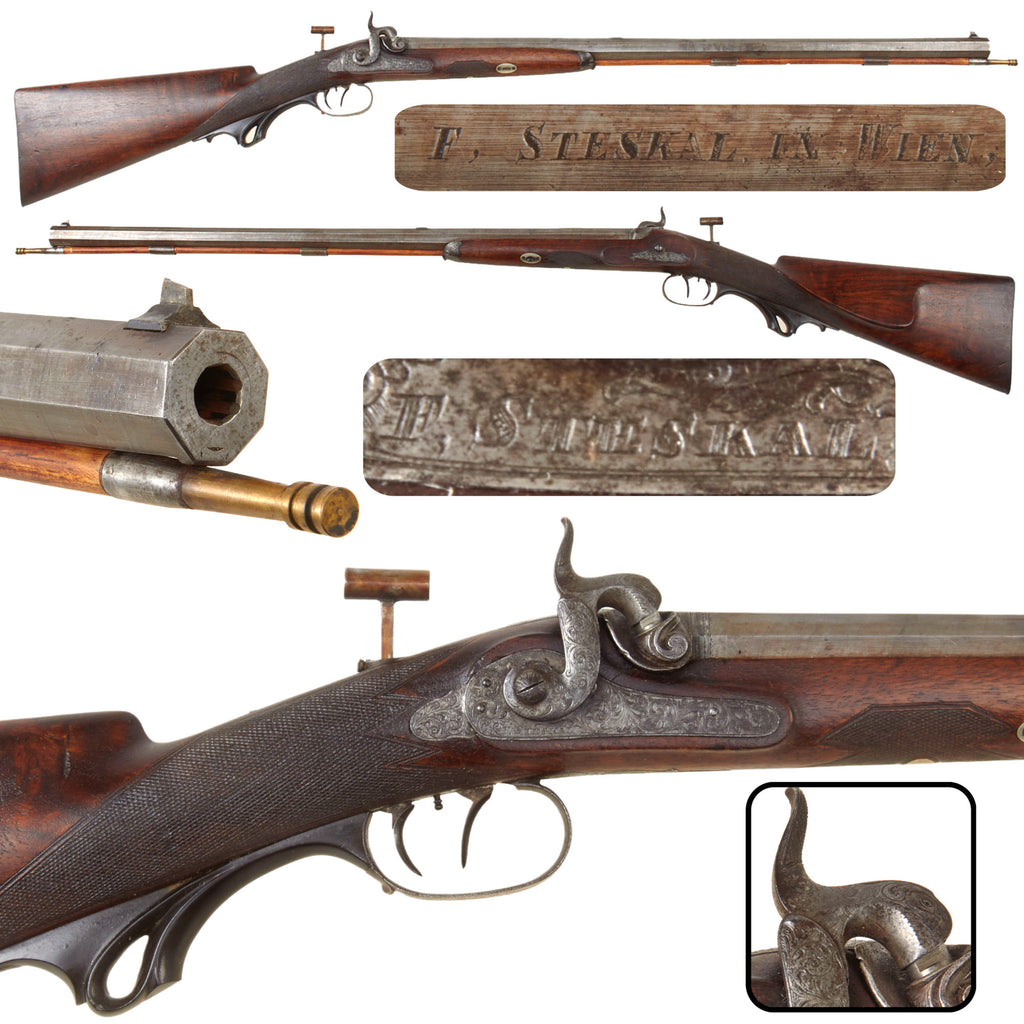 Original 19th Century Austrian Percussion Target Hunting Rifle by Franz Steskal of Vienna with Octagonal Barrel & Double Set Triggers - circa 1840 Original Items
