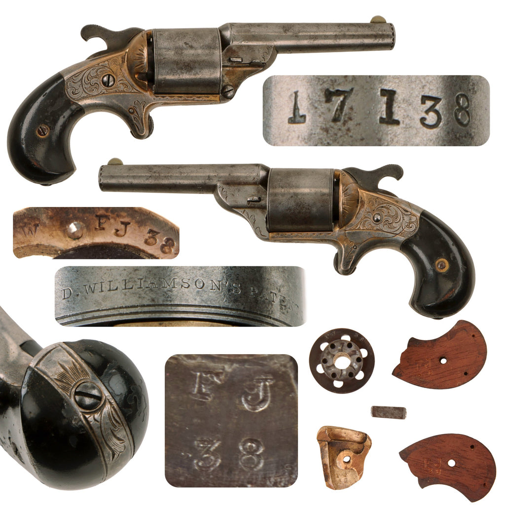 Original U.S. Civil War Era Moore's Patent Firearms Teat Fire .32 Cal Brass Frame Engraved Revolver - Matching Serial 17138 Original Items