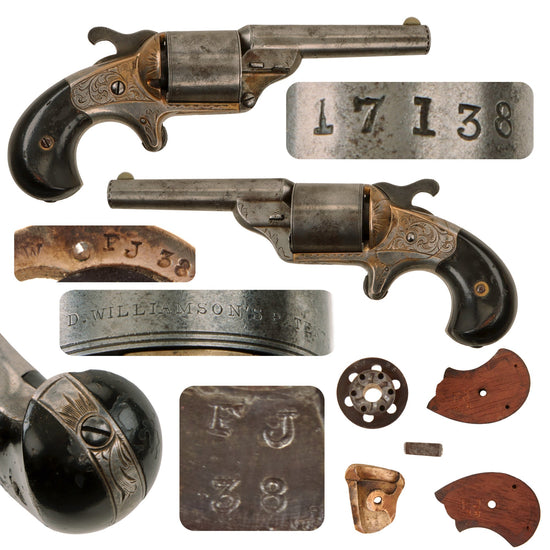 Original U.S. Civil War Era Moore's Patent Firearms Teat Fire .32 Cal Brass Frame Engraved Revolver - Matching Serial 17138 Original Items