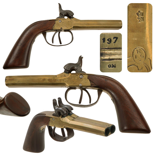 Original Victorian Era Belgian Double Barreled Brass Percussion Vest Pistol Serial 197 with Engraved Frame - Circa 1840 Original Items