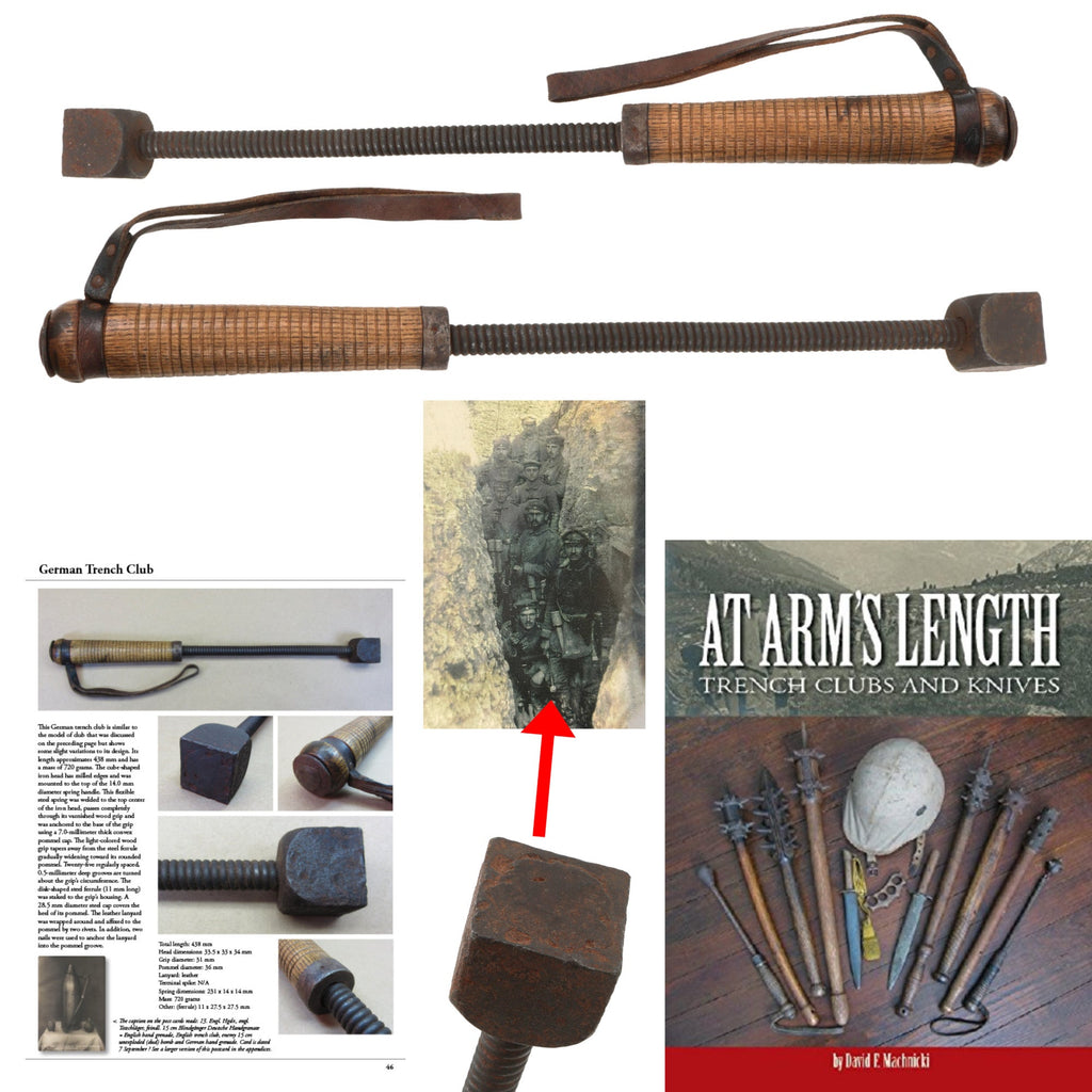 Original German WWI Spring Handle Cube-Headed Trench Raiding Mace with Original Leather - Featured in “At Arms Length: Trench Clubs” Volume I & II by David F. Machnicki Original Items