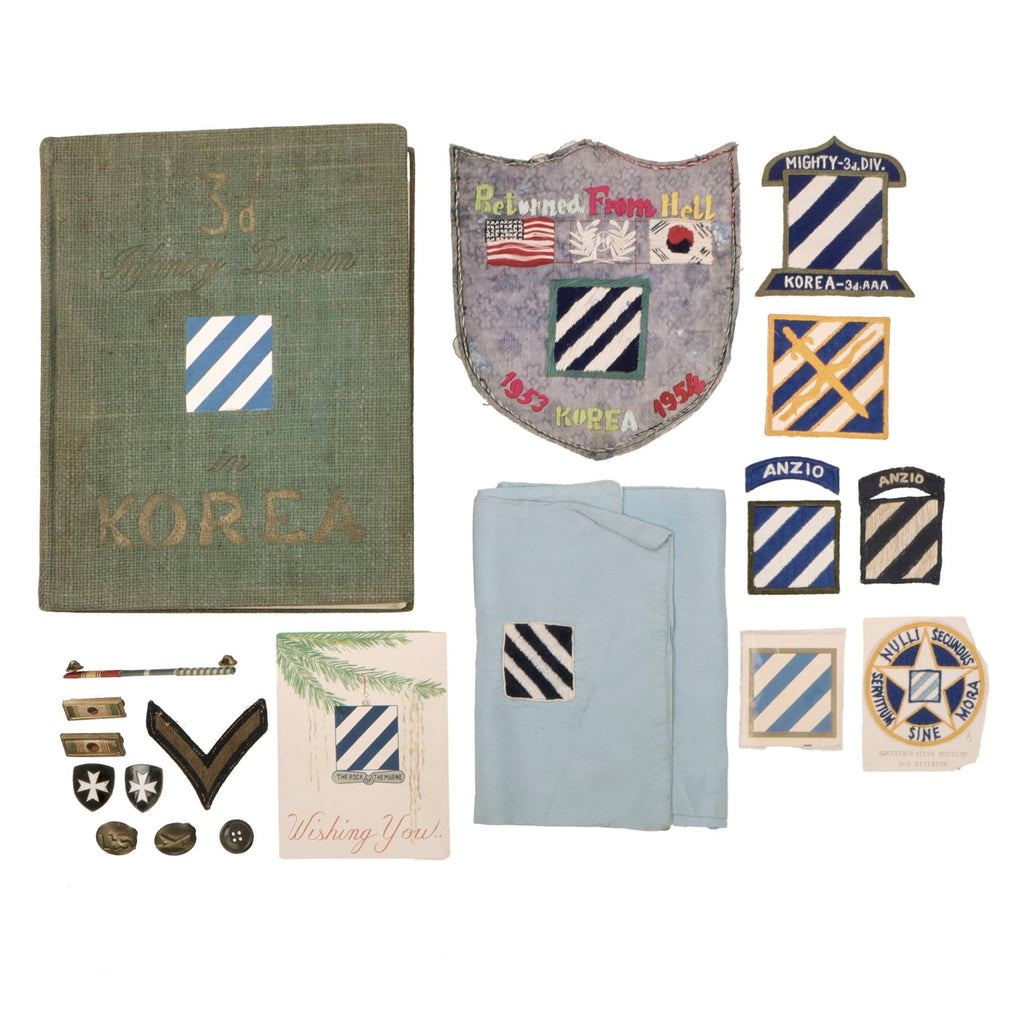 Original U.S. Korean War 3rd Infantry Division Lot with Rare Unit History, Theater-Made Scarf, Japanese-Made Novelty Patch, and More Original Items