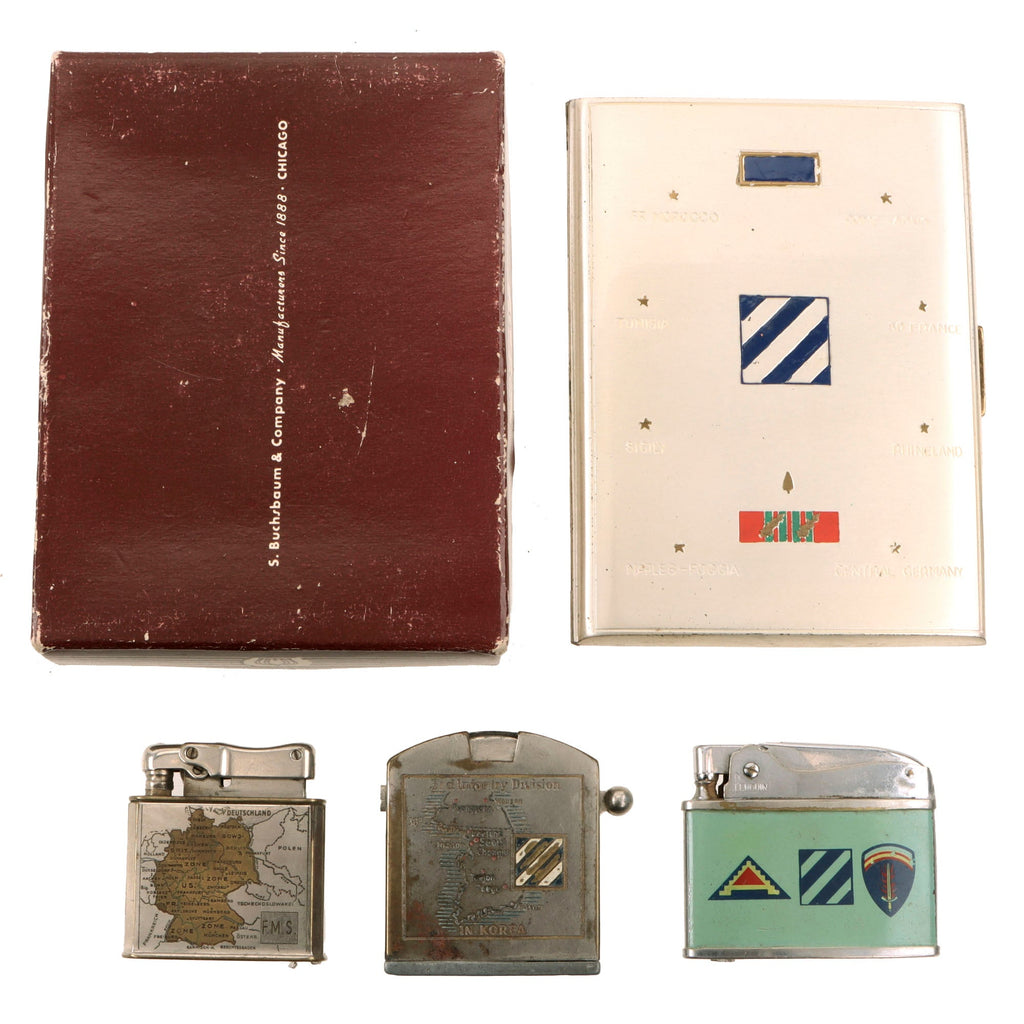 Original U.S. WWII & Korean War 3rd Infantry Division Cigarette Lighter & Cigarette Case Lot - Four Items Total Original Items