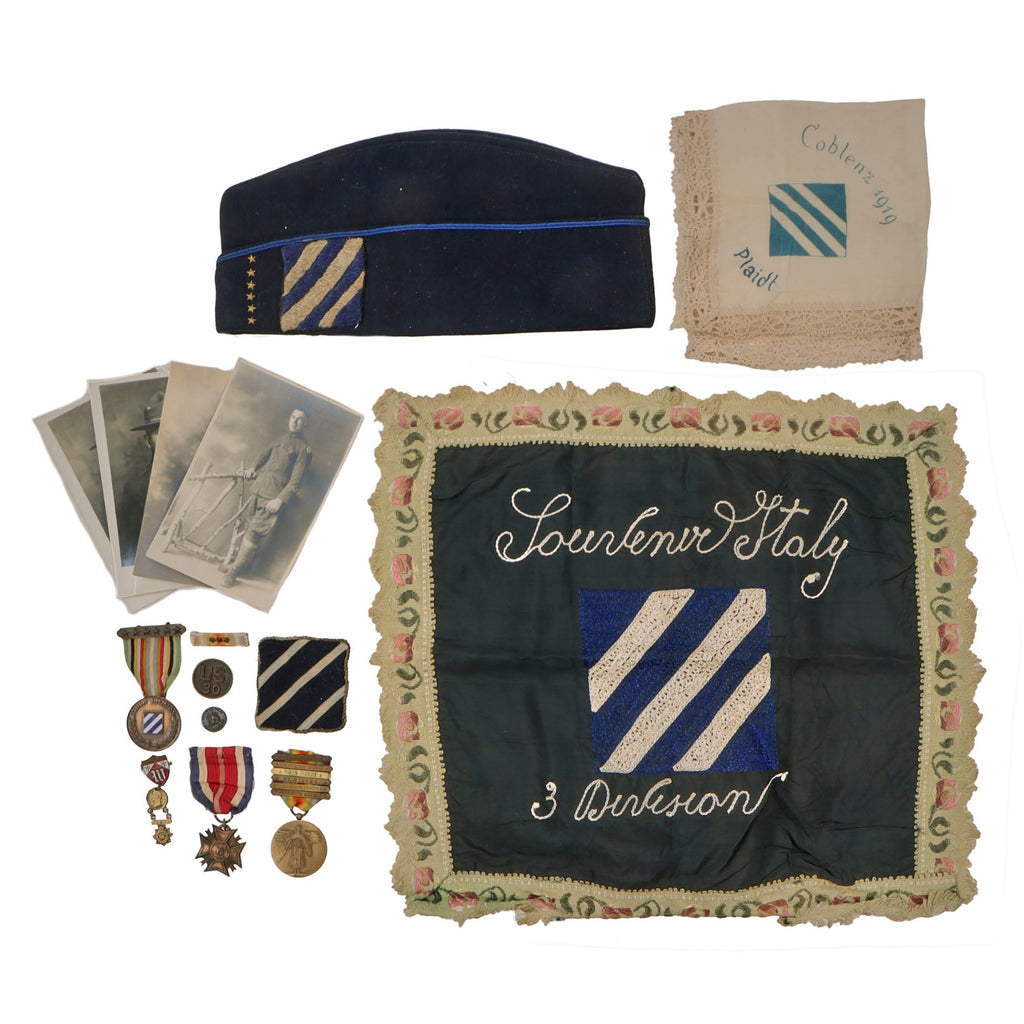 DRAFT Original U.S. WWI & WWII 3rd Division “Rock of the Marne” Lot with Divisional Medal, Victory Medal with 6 Bars, Veteran’s Cap, and Souvenirs Original Items