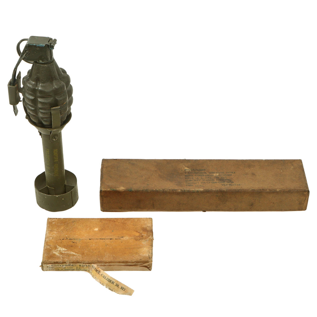 Original U.S. WWII & Korean War EraInert MkII Pineapple Practice Grenade in 1945-Dated M1A1 Rifle Grenade Adapter with M7A3 M1 Garand Launcher by K.R. Wilson in Sealed Box with Sealed Box of Launching Cartridges Original Items