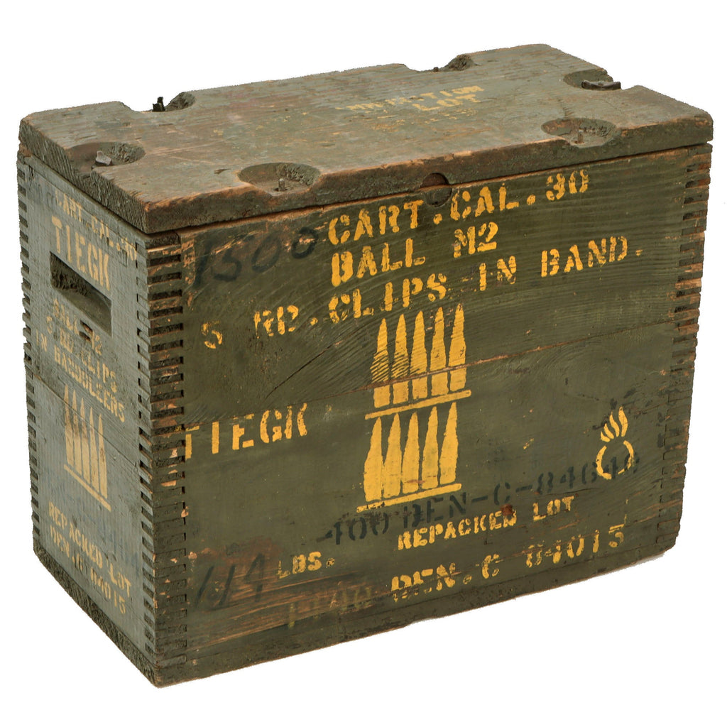 Original U.S. WWII M1903 Springfield .30cal Ball M2 1500 Cartridge Repack M1917 Wooden Ammunition Crate Original Items