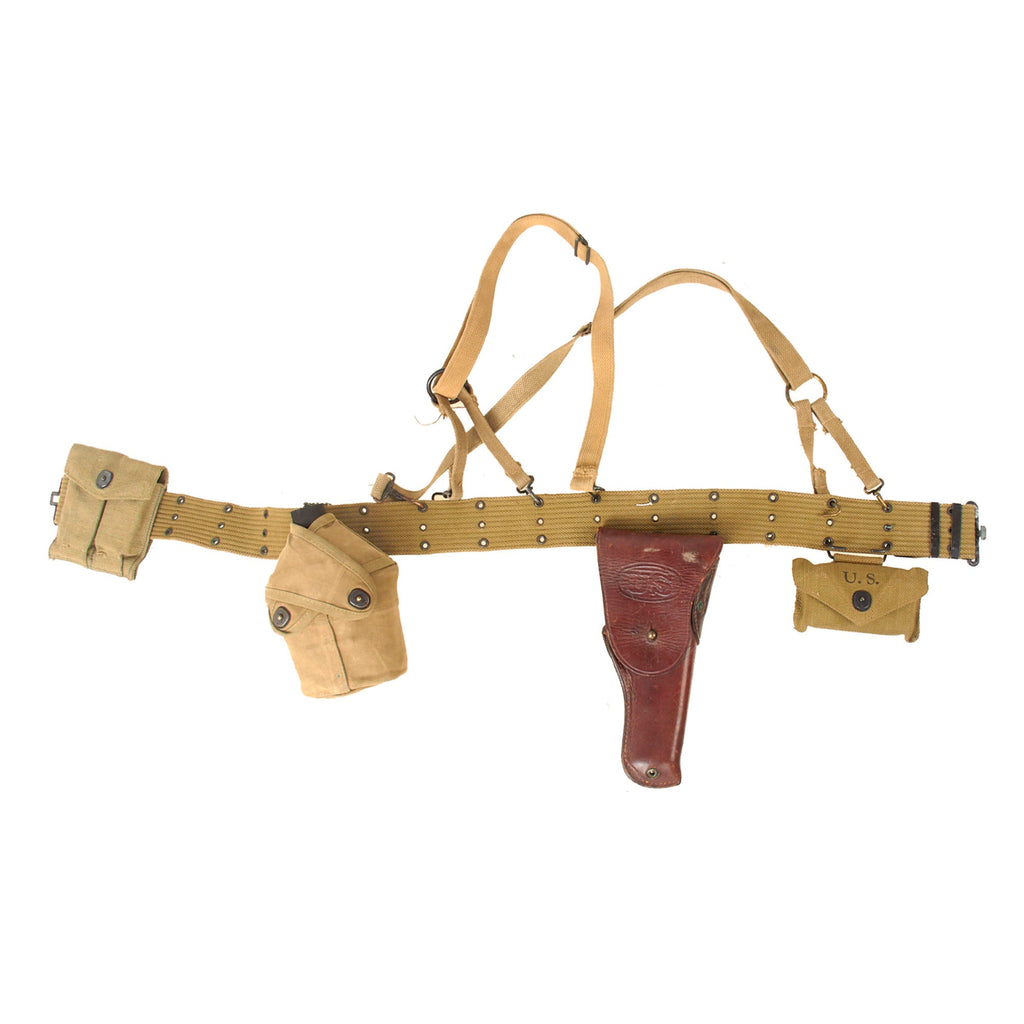 Original U.S. WWII USMC M-1911 Pistol Belt Rig with Rare USMC-Marked Belt, Rabbit Ear Canteen Cover with Porcelain Canteen, P-41 Suspenders, First Aid Pouch with Bandage, and P-41 Suspenders Original Items