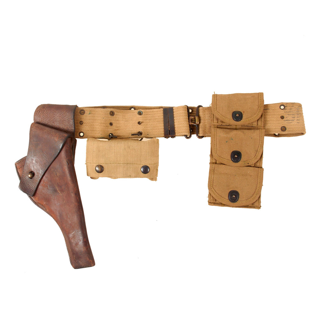 Original U.S. WWI M1917 Holster for 1911 .45 Revolver with M-1910 Pistol Belt, WWI Half Moon Clip .45 Cal 3 Pocket Pouch, and First Aid Pouch with 1917-Dated Sealed Bandage - Dated 1918 Original Items