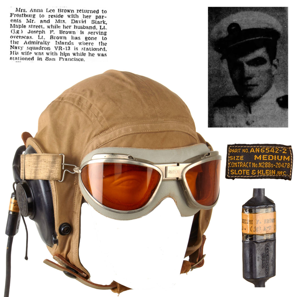 Original U.S. WWII USAAF AN-6530 Goggles and Named AN6542 Summerweight Helmet with Avionics to Distinguished Flying Cross Recipient - Lt. Joseph F. Brown, USNR Original Items