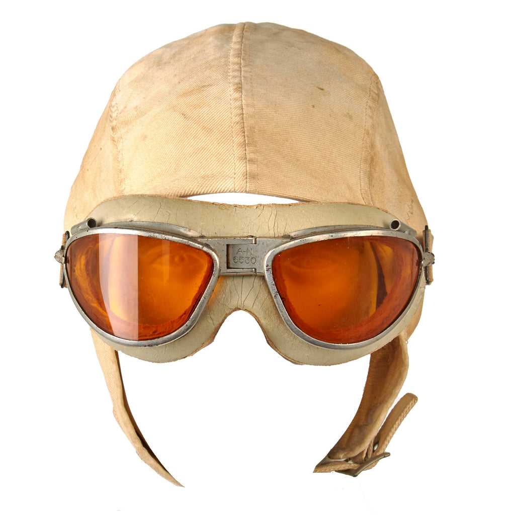 Original U.S. WWII Navy USMC White Summer Flight Hemet with AN-6530 Goggles Original Items