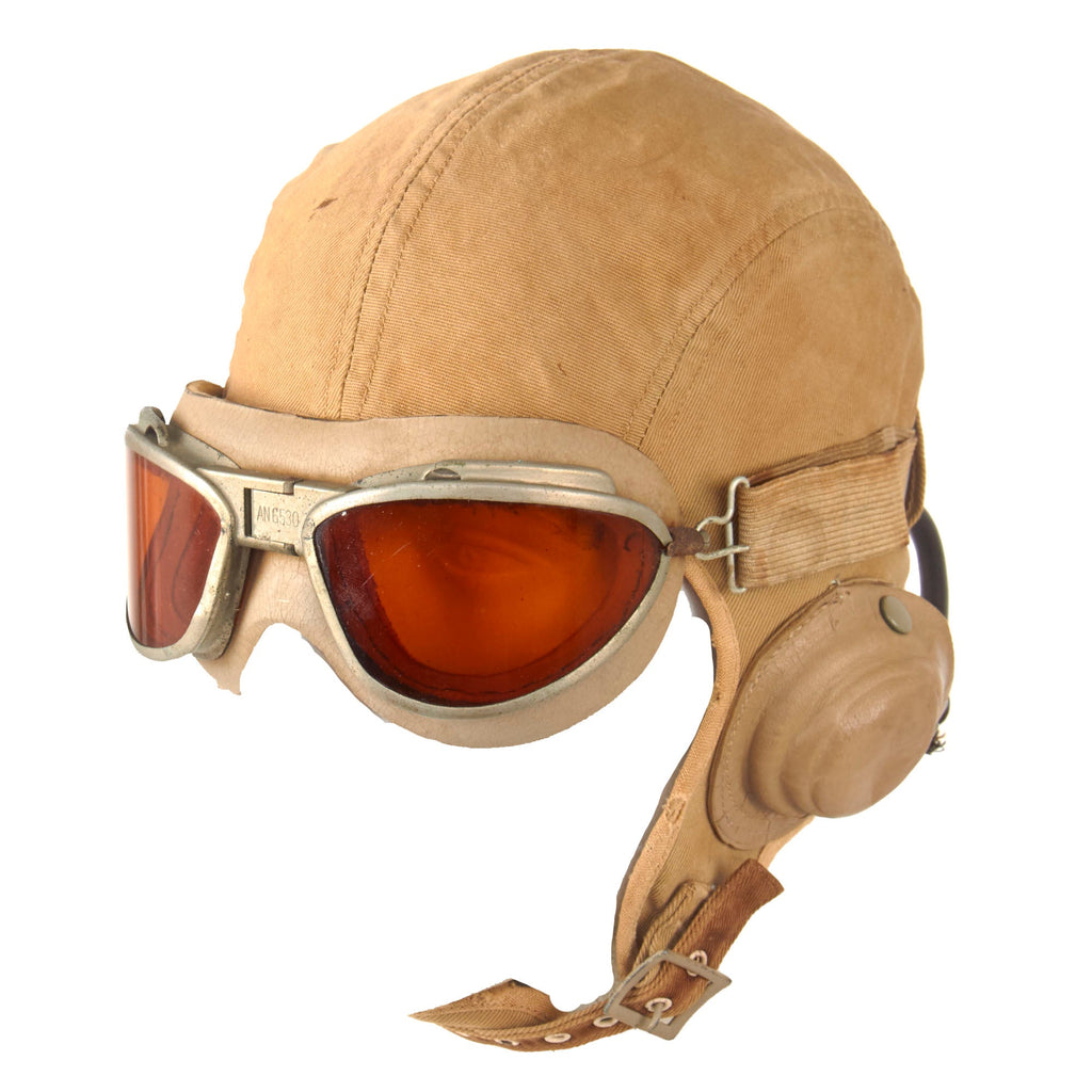 Original U.S. WWII USN / USMC NAF 1092S Cloth Flight Helmet by Beck with TH-37 Earphones and AN-6530 Goggles Original Items